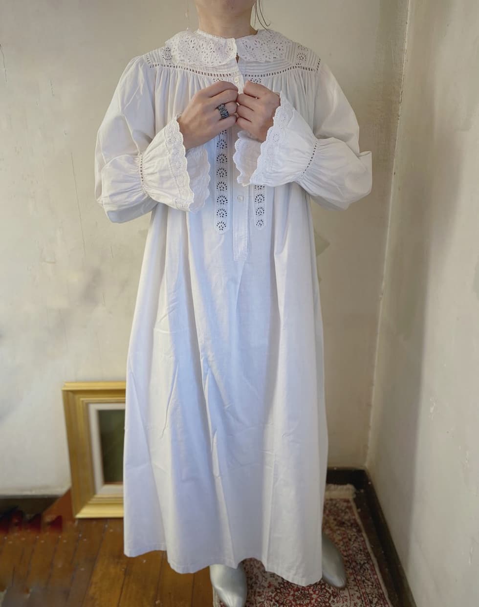 アンティークレースワンピース レース襟ワンピース ナイトガウン 