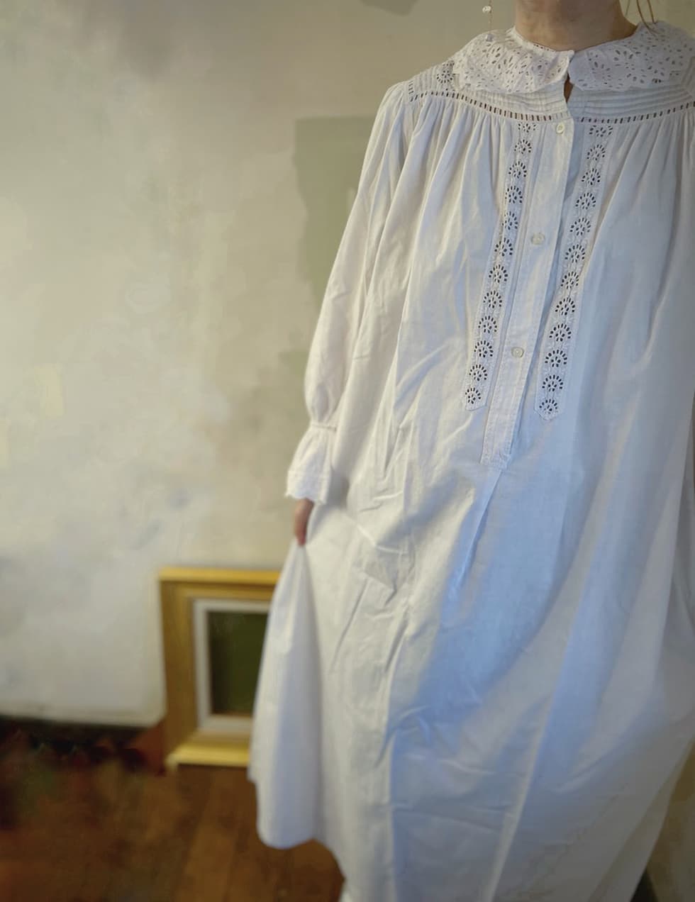 アンティークレースワンピース レース襟ワンピース ナイトガウン 