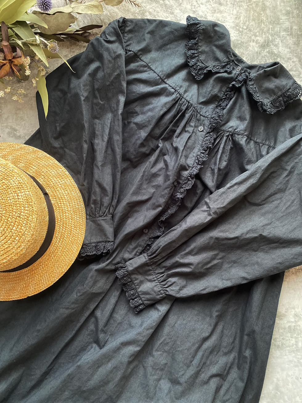 フランスアンティークレースワンピースアンティークナイトドレスブラック