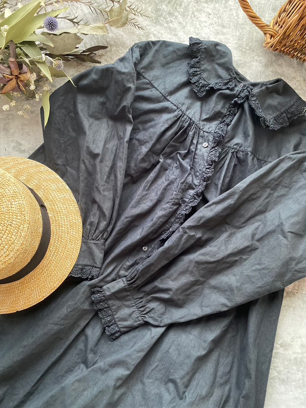 フランスアンティークレースワンピースアンティークナイトドレスブラック