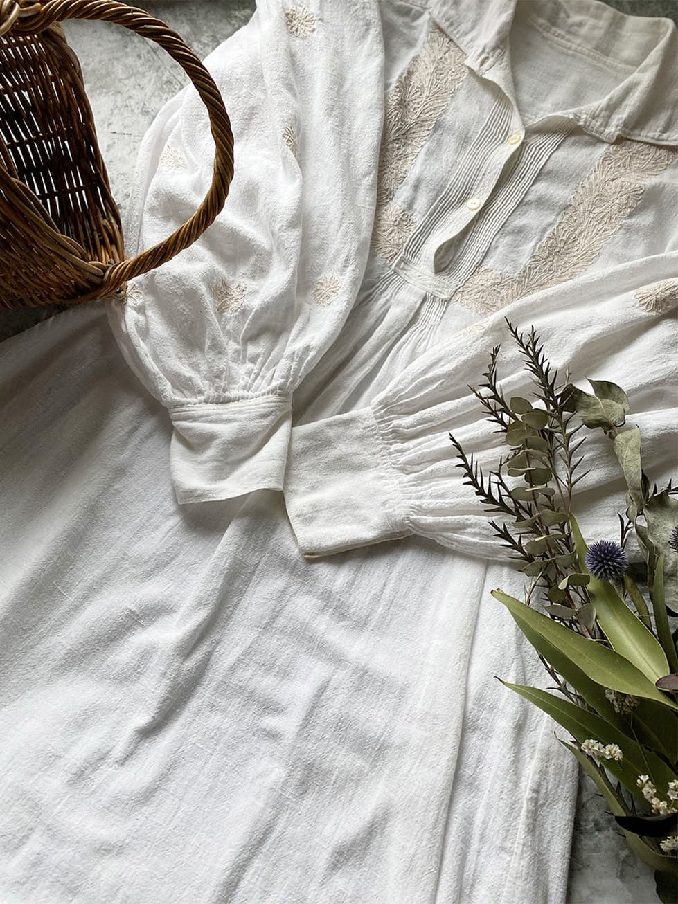 アンティークナイトドレスパフスリーブコットンワンピース