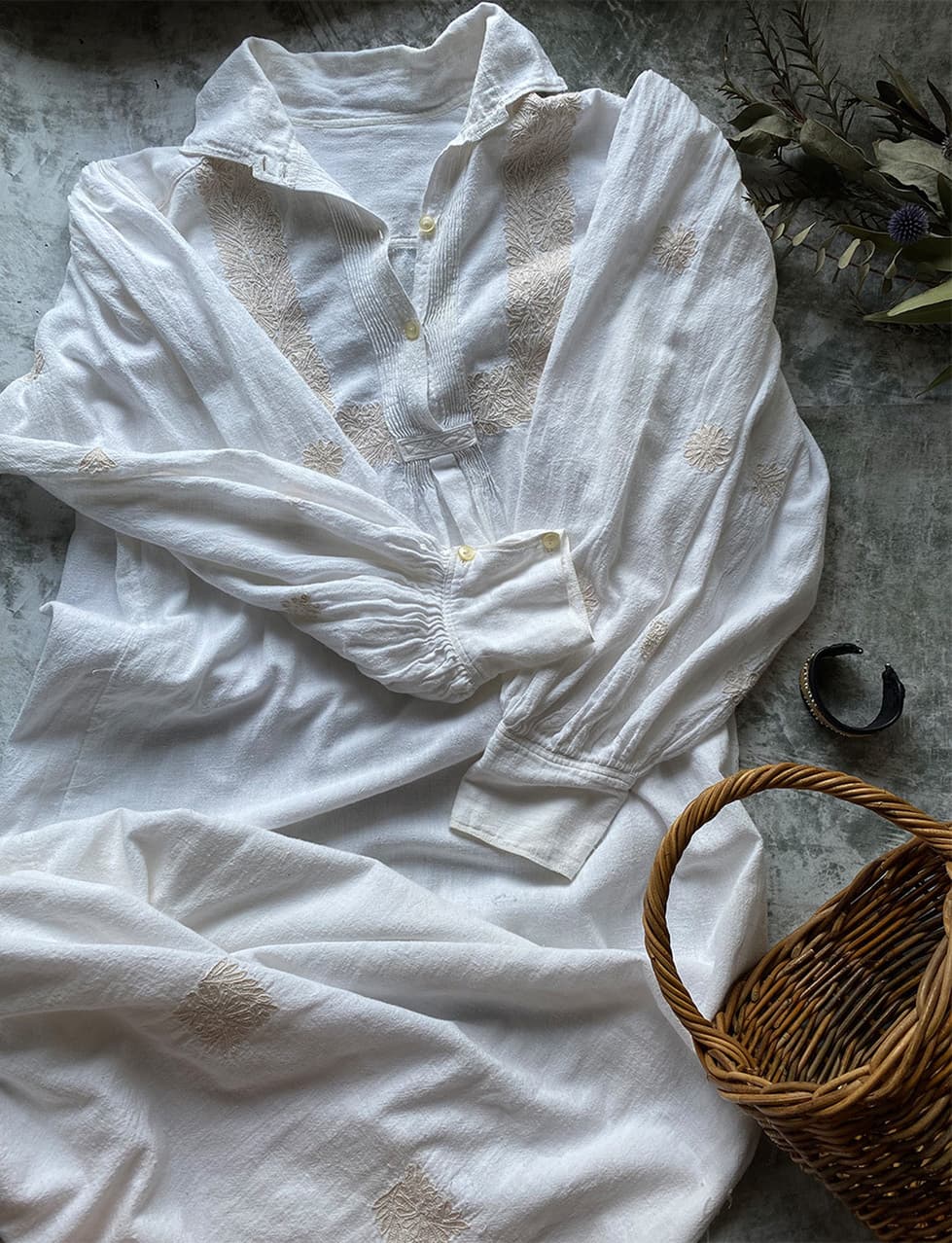 アンティークナイトドレスパフスリーブコットンワンピース