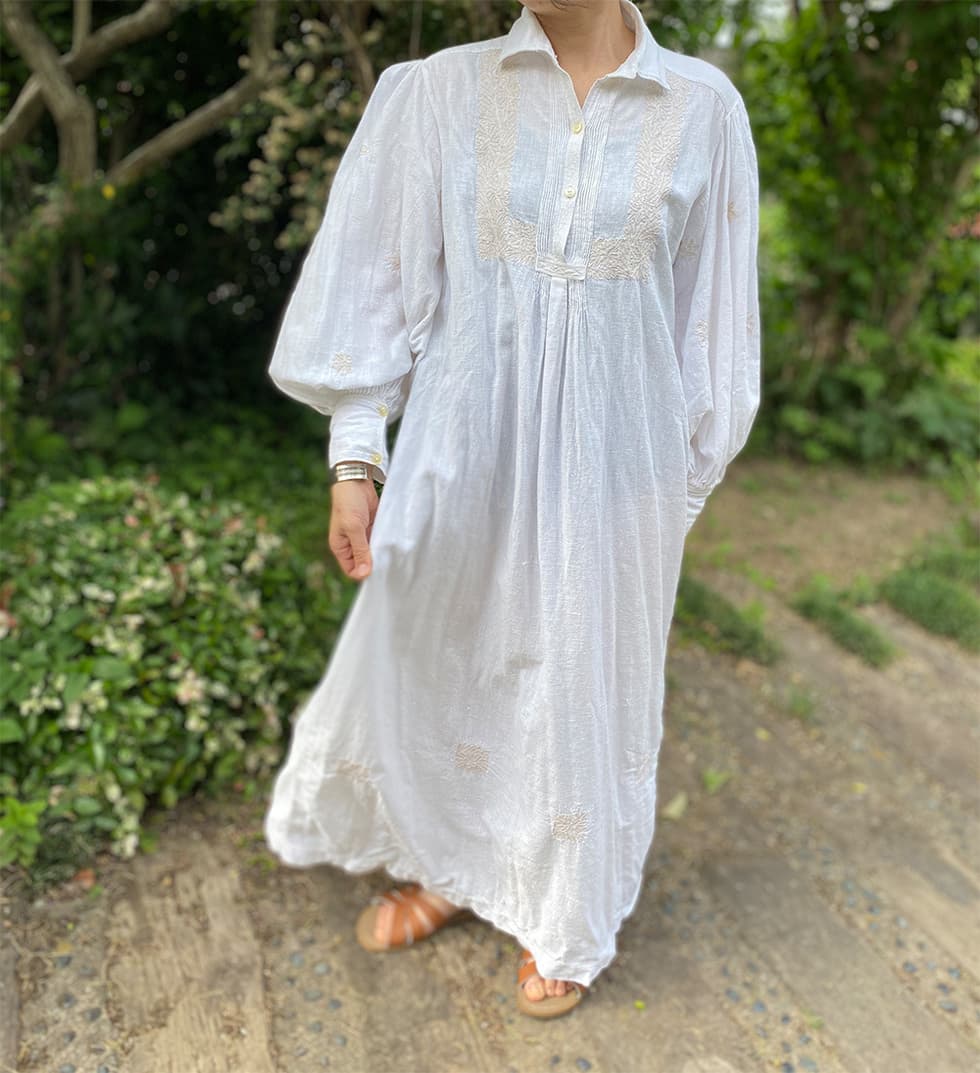 アンティークナイトドレスパフスリーブコットンワンピース