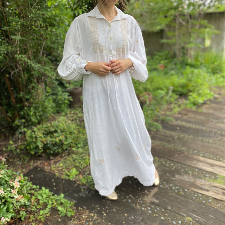 アンティークナイトドレスパフスリーブコットンワンピース