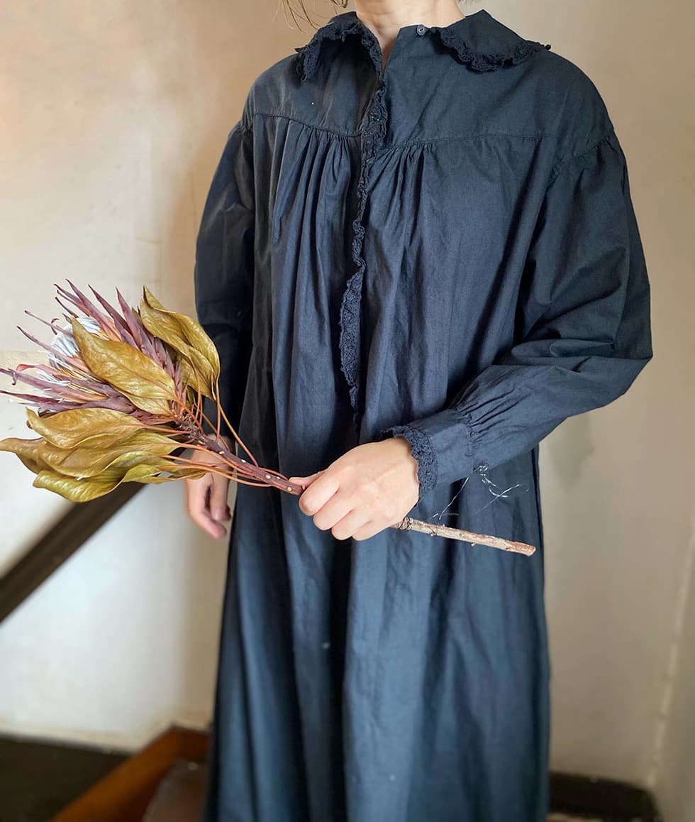 フランスアンティークレースワンピースアンティークナイトドレスブラック