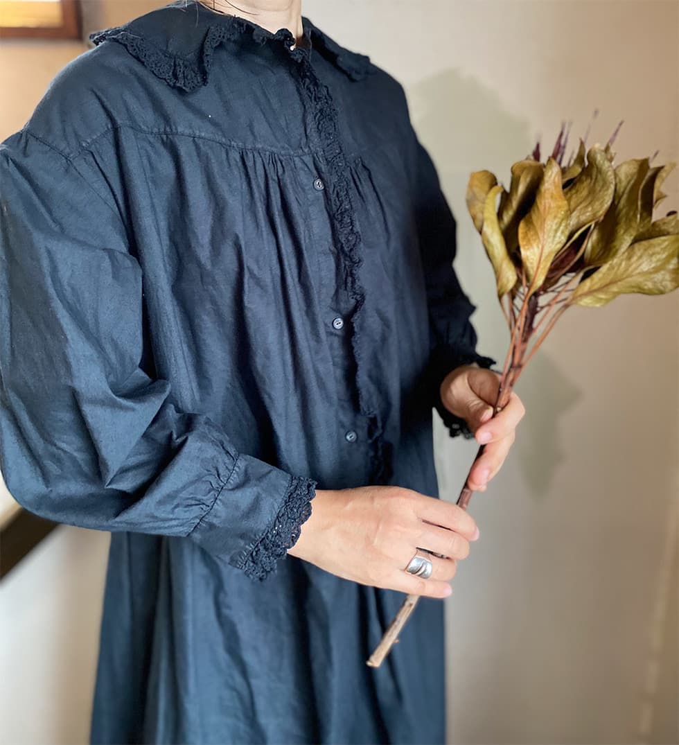 フランスアンティークレースワンピースアンティークナイトドレスブラック