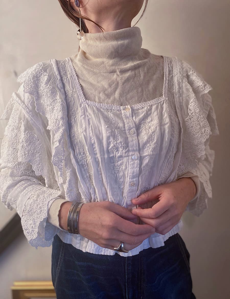 フランスアンティークブラウスフリルレースブラウス