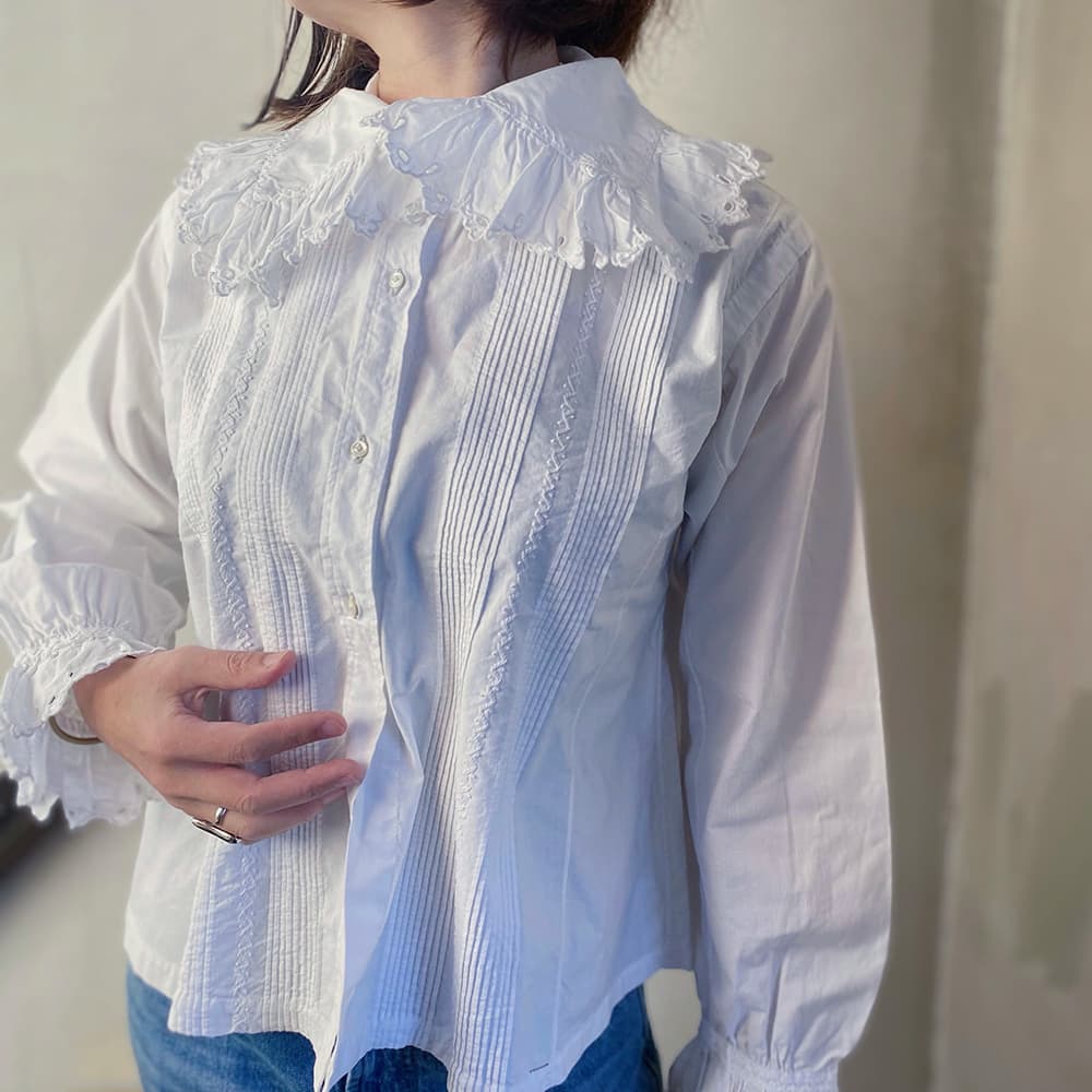 Frenchantiquecottonblouseフランスアンティークブラウスフリルレースブラウス