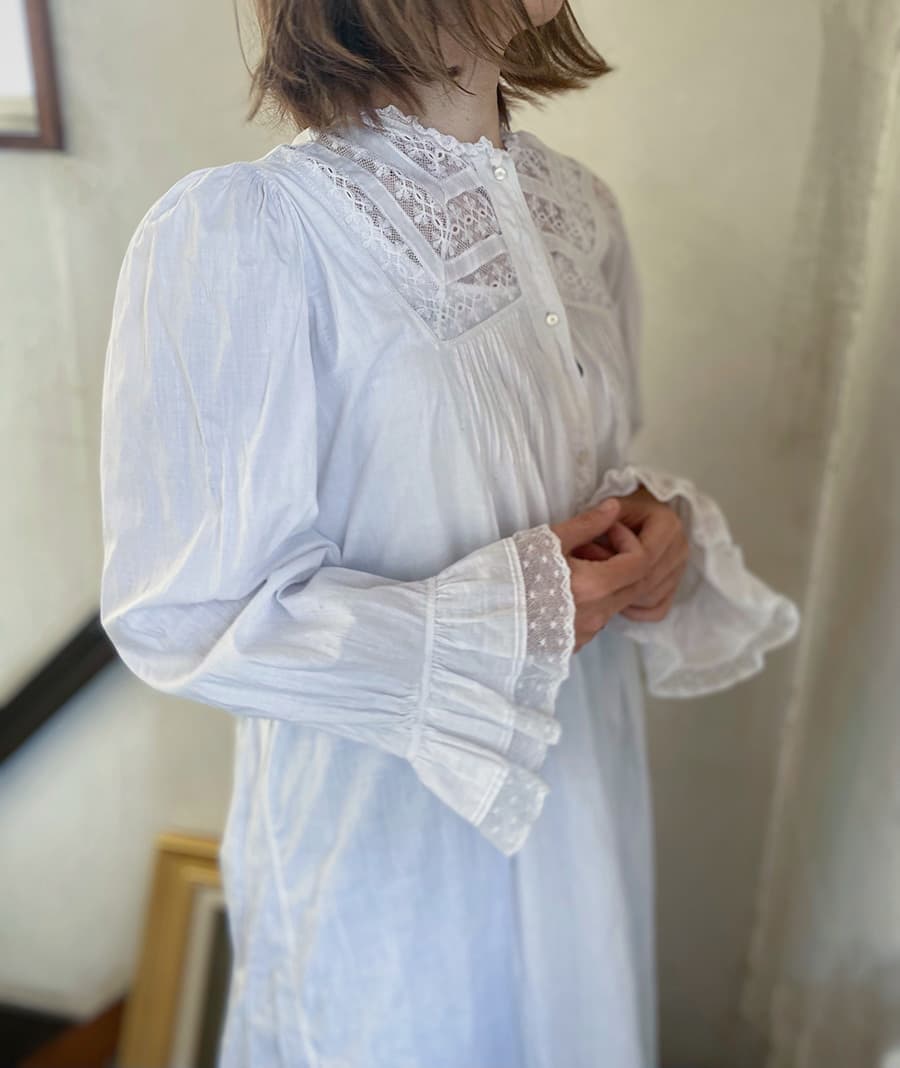 フランスアンティークナイトドレスアンティークワンピースエドワーディアンヴィクトリアンAntiqueFrenchEdwardianNightDress