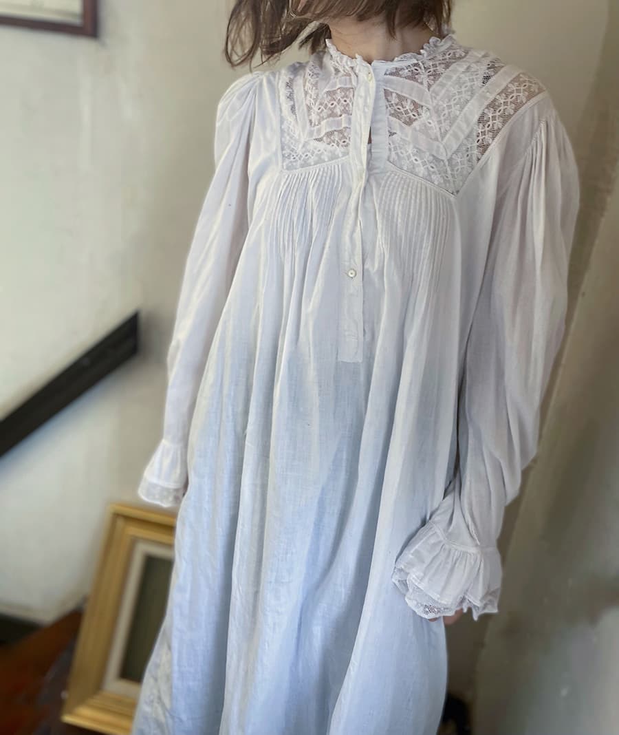 フランスアンティークナイトドレスアンティークワンピースエドワーディアンヴィクトリアンAntiqueFrenchEdwardianNightDress
