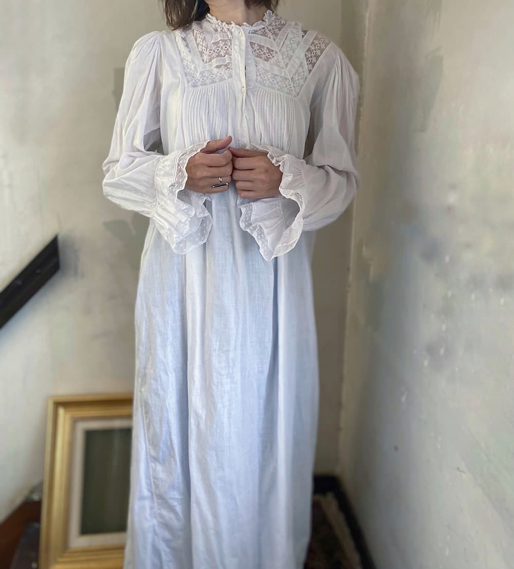 フランスアンティークナイトドレスアンティークワンピースエドワーディアンヴィクトリアンAntiqueFrenchEdwardianNightDress