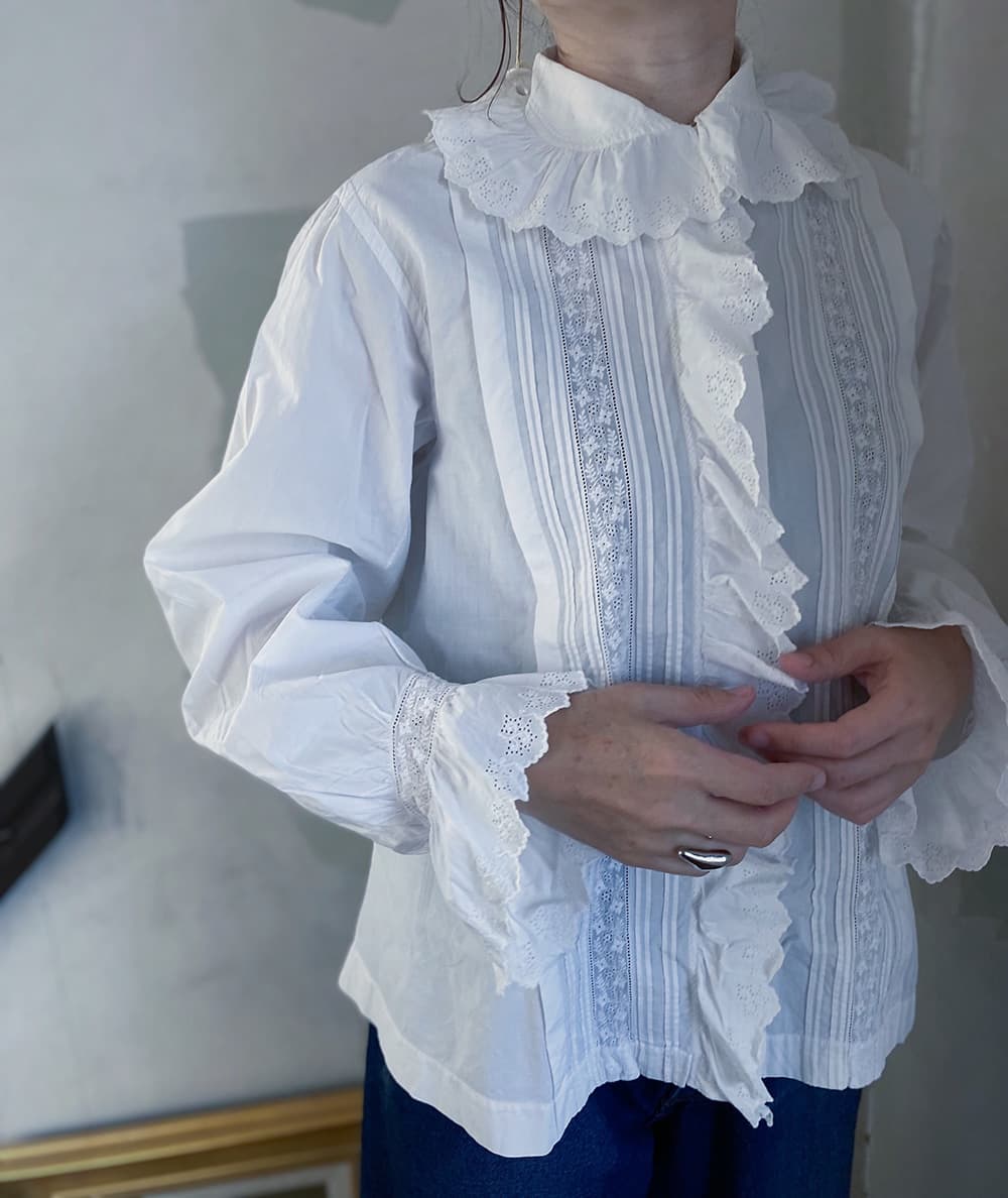 フランスアンティークブラウスフリルレースブラウスFrenchAntiquecottonblouse