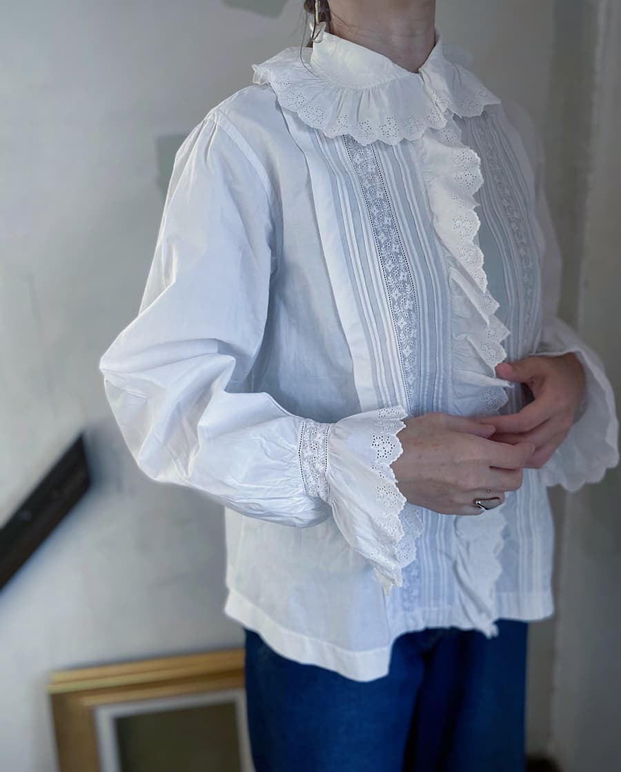 フランスアンティークブラウスフリルレースブラウスFrenchAntiquecottonblouse