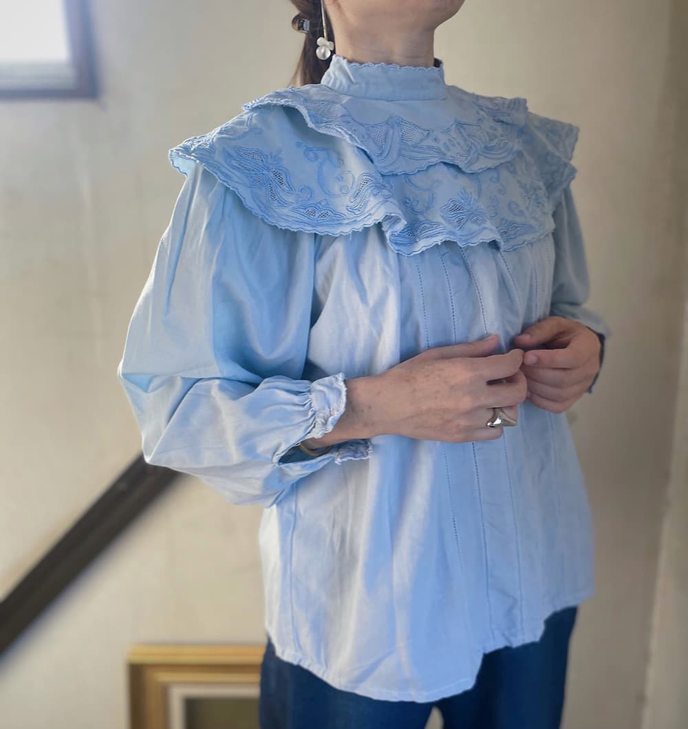 フランスアンティークブラウスフリルレースブラウスFrenchVintageblouse