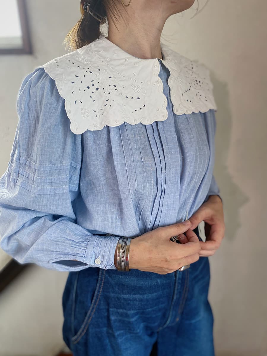 フランスヴィンテージセーラーカラーブラウスフリルレースブラウスFrenchVintageblouse