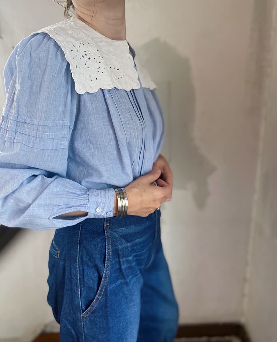 フランスヴィンテージセーラーカラーブラウスフリルレースブラウスFrenchVintageblouse