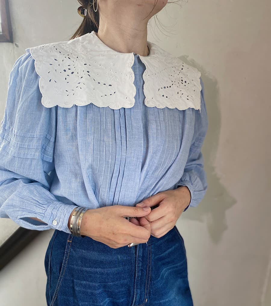 フランスヴィンテージセーラーカラーブラウスフリルレースブラウスFrenchVintageblouse