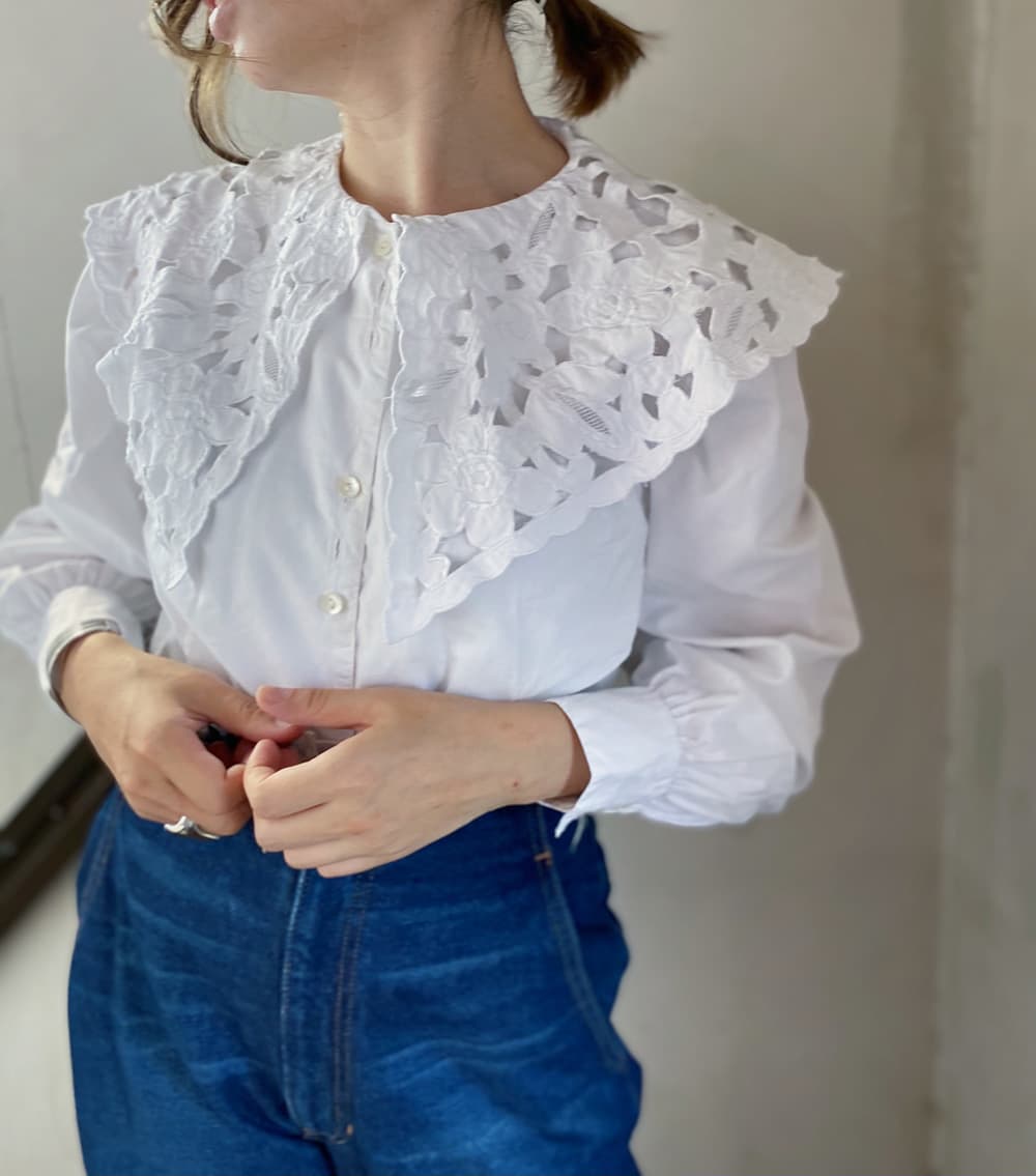 フランスヴィンテージブラウスフリルレースブラウスFrenchVintageblouse