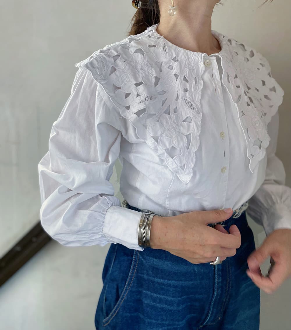 フランスヴィンテージブラウスフリルレースブラウスFrenchVintageblouse