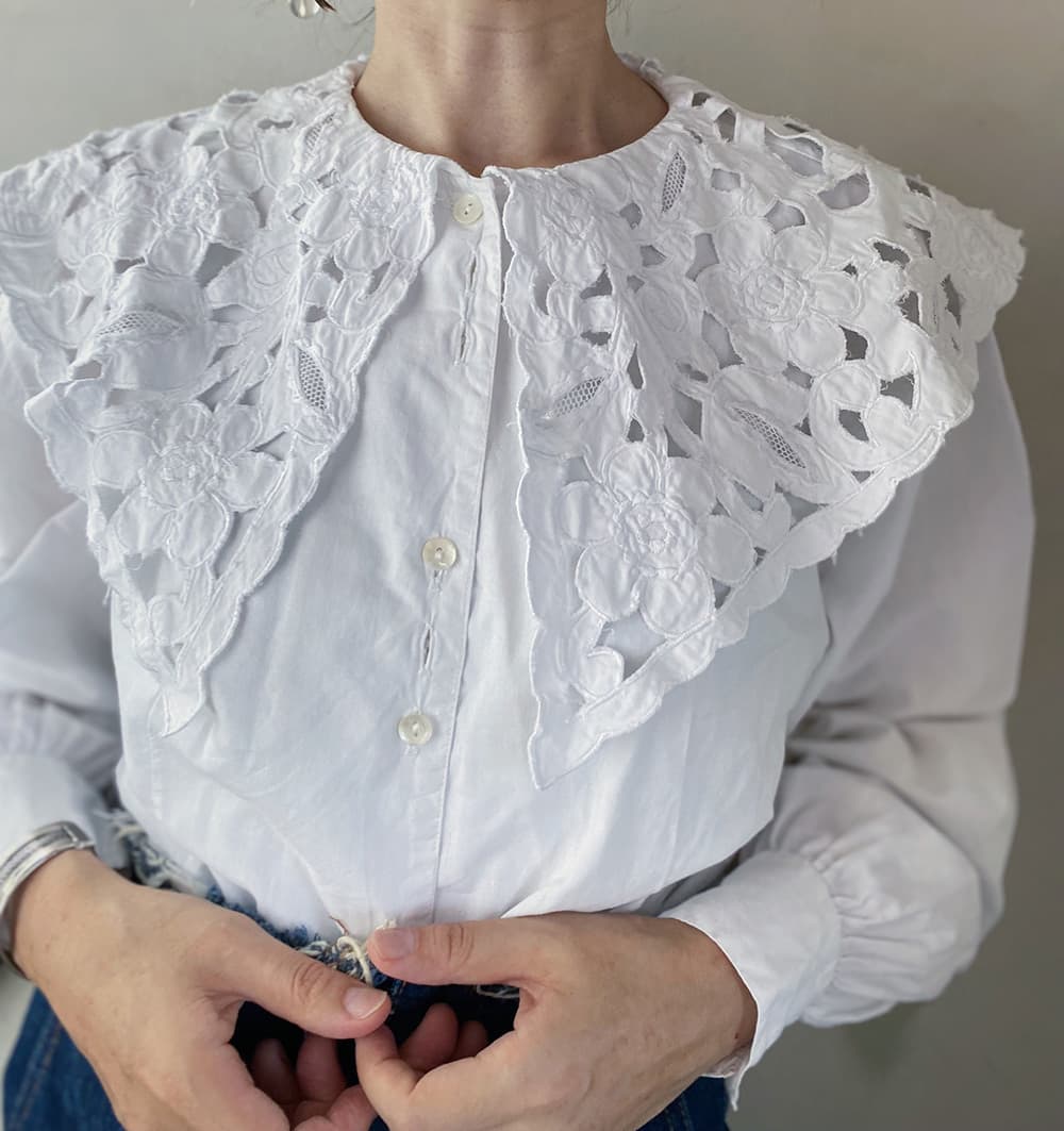 フランスヴィンテージブラウスフリルレースブラウスFrenchVintageblouse