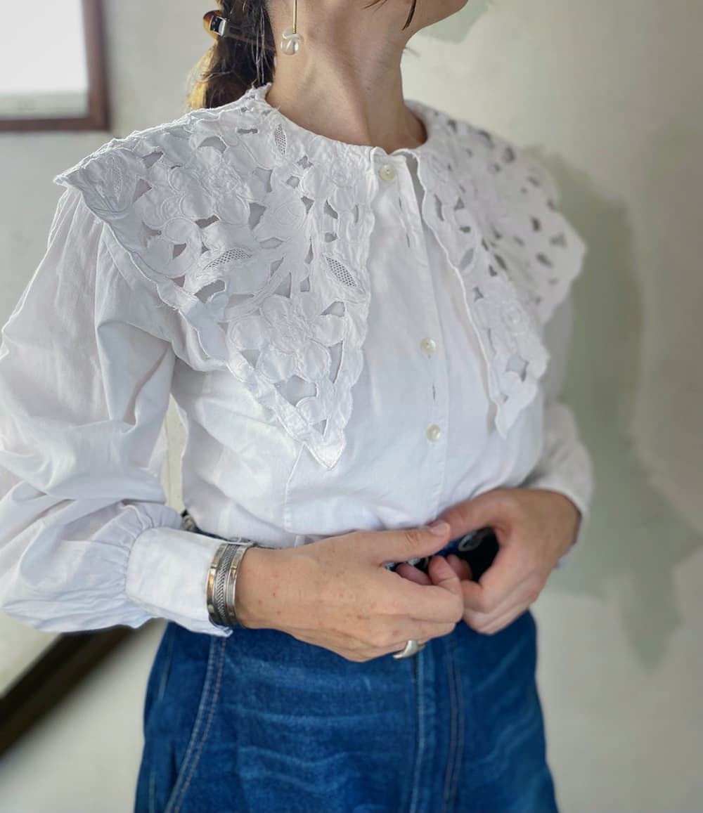 フランスヴィンテージブラウスフリルレースブラウスFrenchVintageblouse