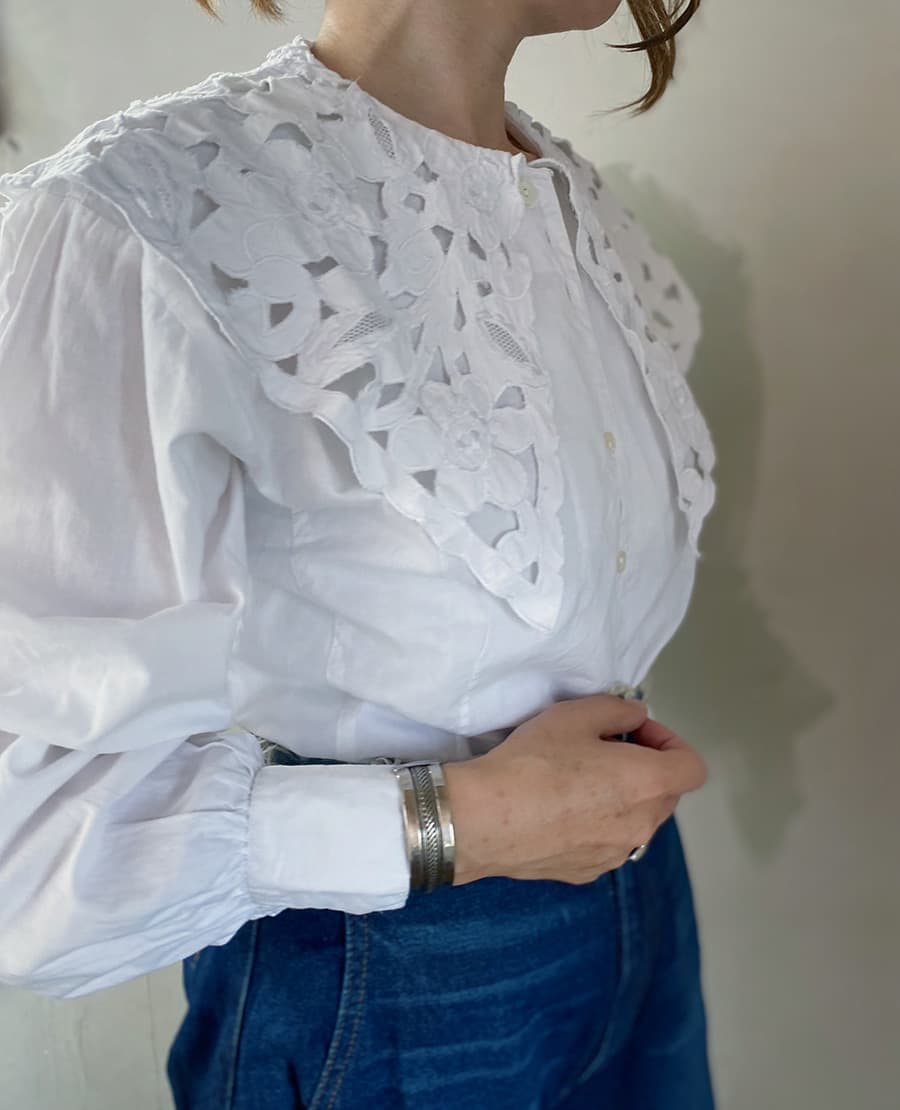 フランスヴィンテージブラウスフリルレースブラウスFrenchVintageblouse