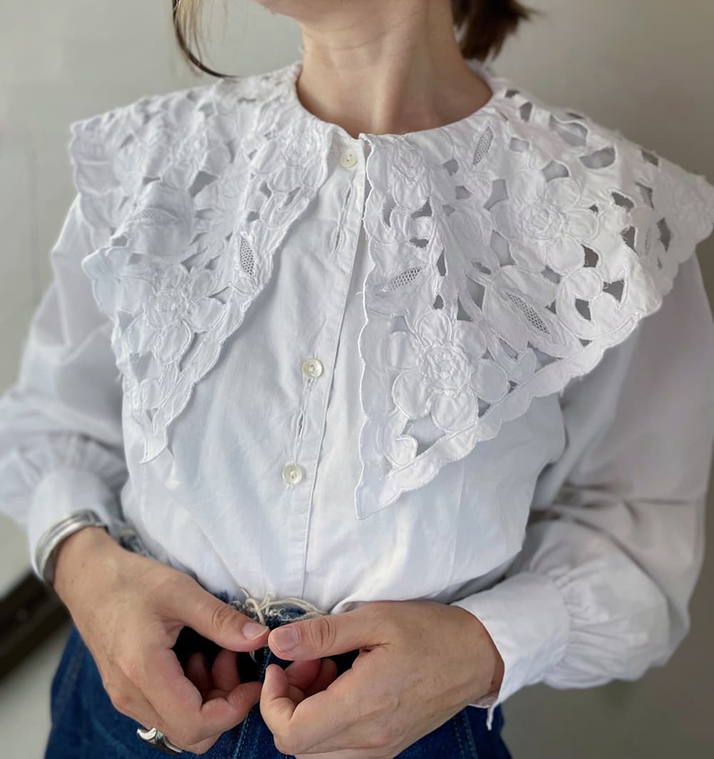 フランスヴィンテージブラウスフリルレースブラウスFrenchVintageblouse