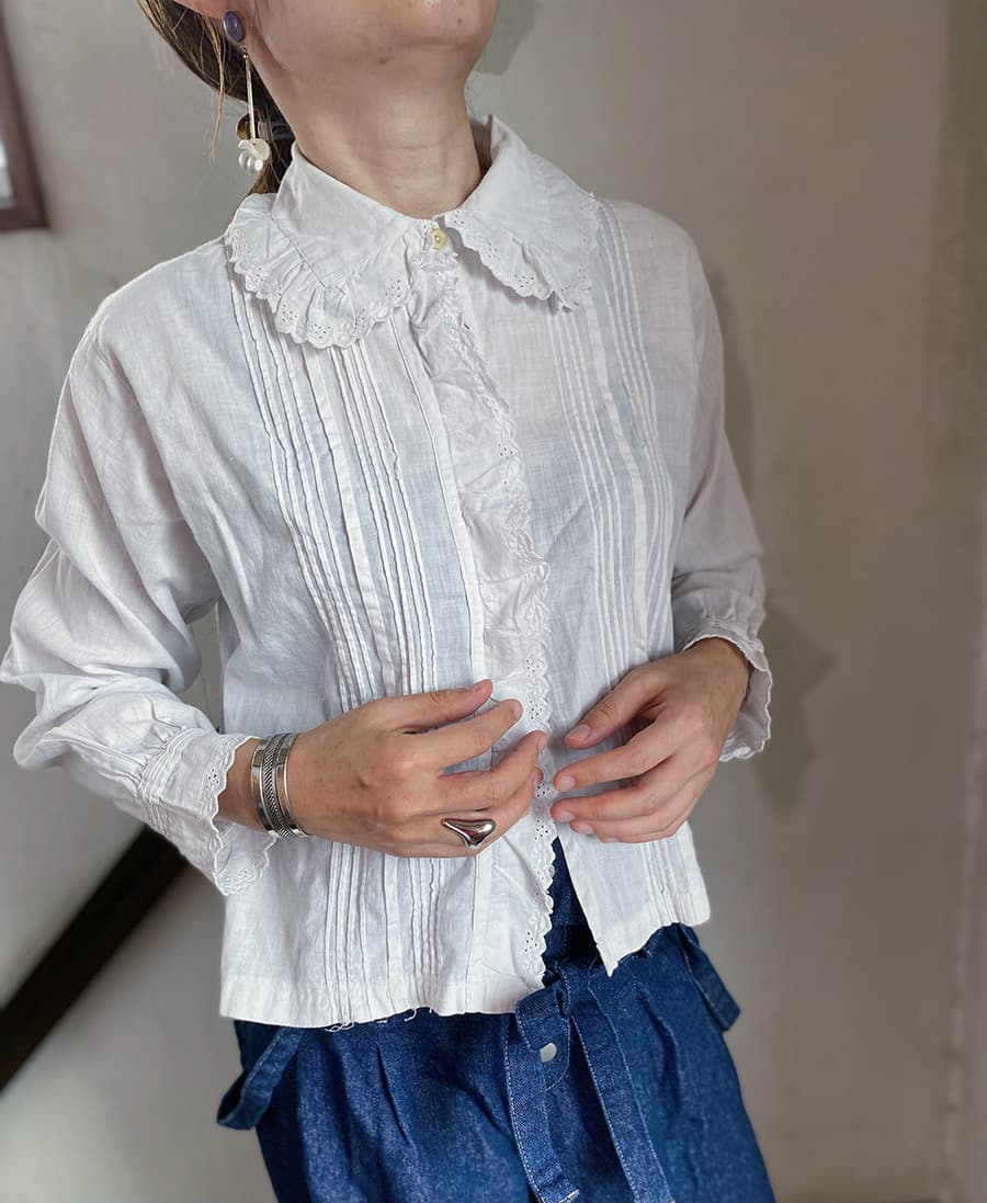 フランスヴィンテージブラウスフリルレースブラウスFrenchVintageblouse