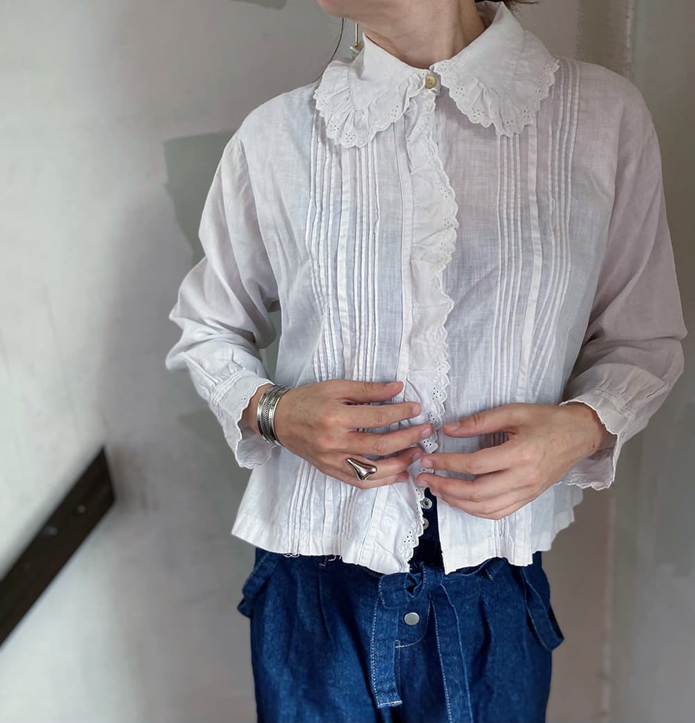 フランスヴィンテージブラウスフリルレースブラウスFrenchVintageblouse