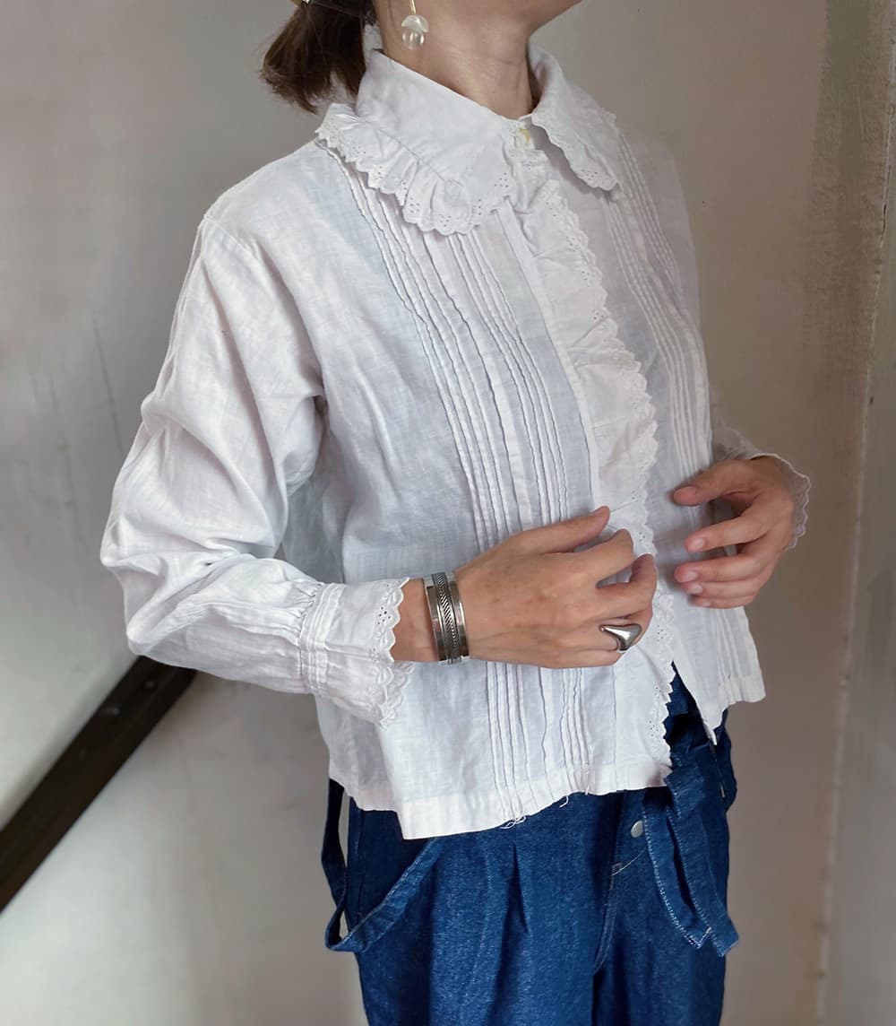 フランスヴィンテージブラウスフリルレースブラウスFrenchVintageblouse