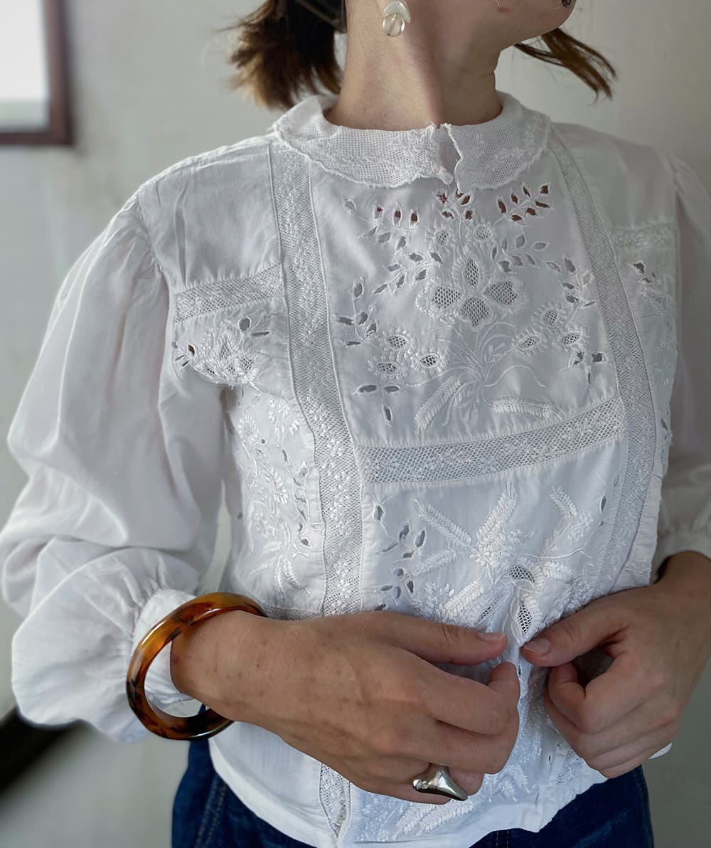 フランスアンティークブラウスフリルレースブラウスFrenchVintageblouse