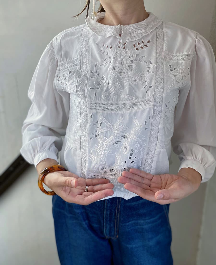 フランスアンティークブラウスフリルレースブラウスFrenchVintageblouse