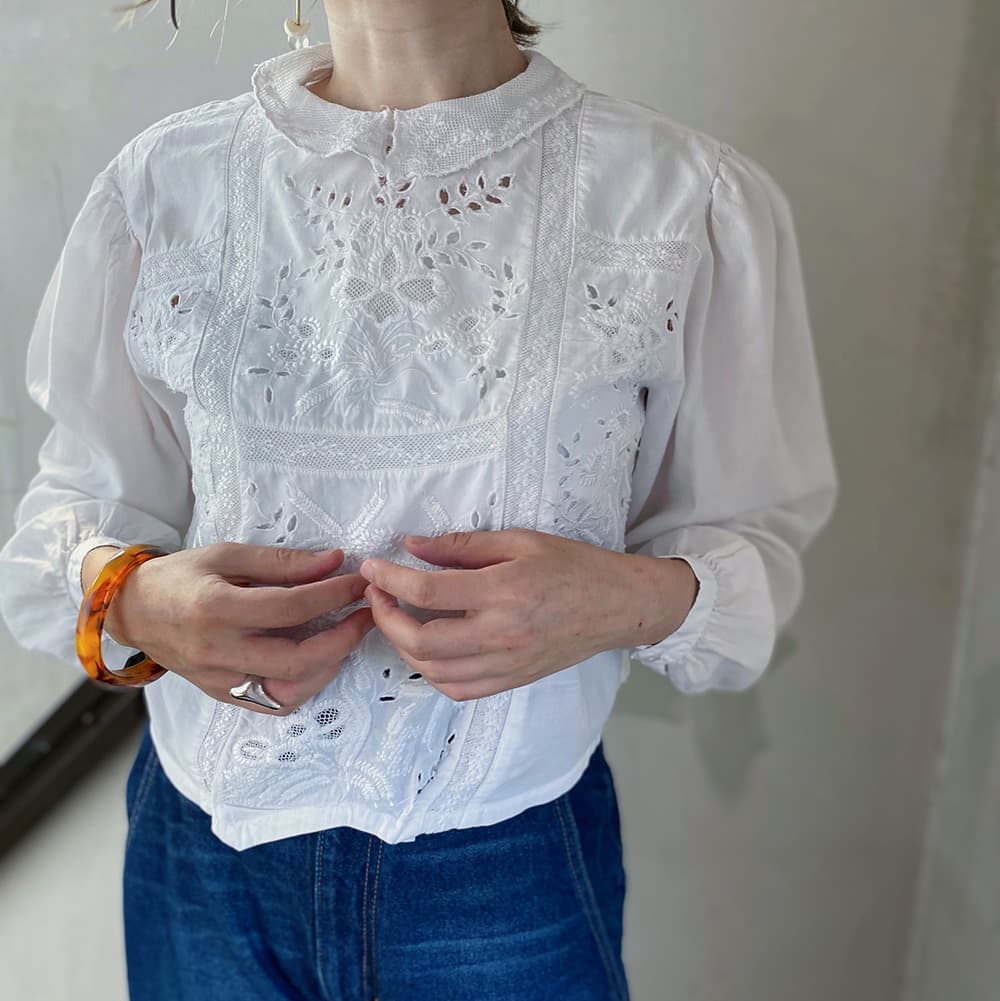 フランスアンティークブラウスフリルレースブラウスFrenchVintageblouse