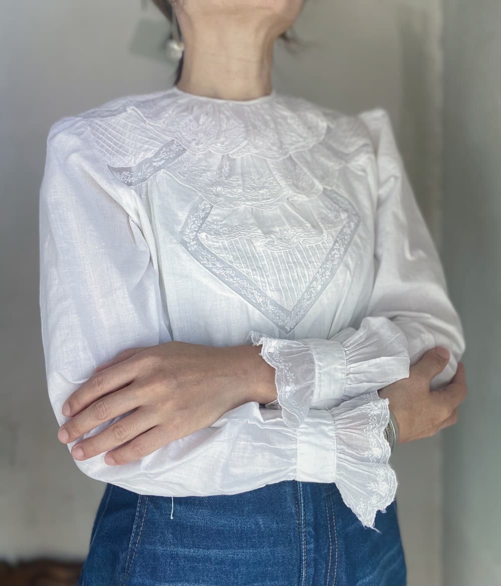 フランスアンティークブラウスフリルレースブラウスFrenchVintageblouse