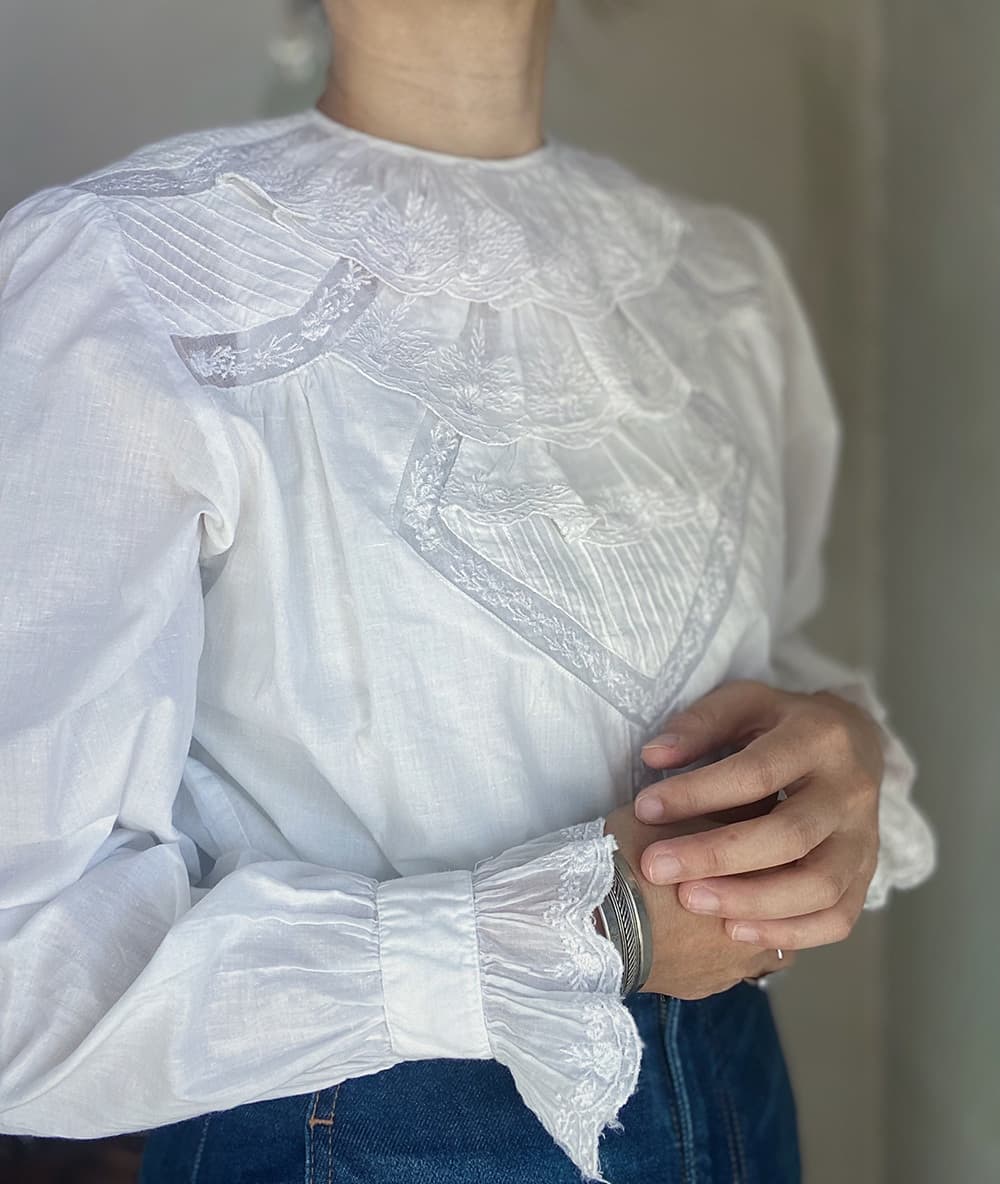フランスアンティークブラウスフリルレースブラウスFrenchVintageblouse