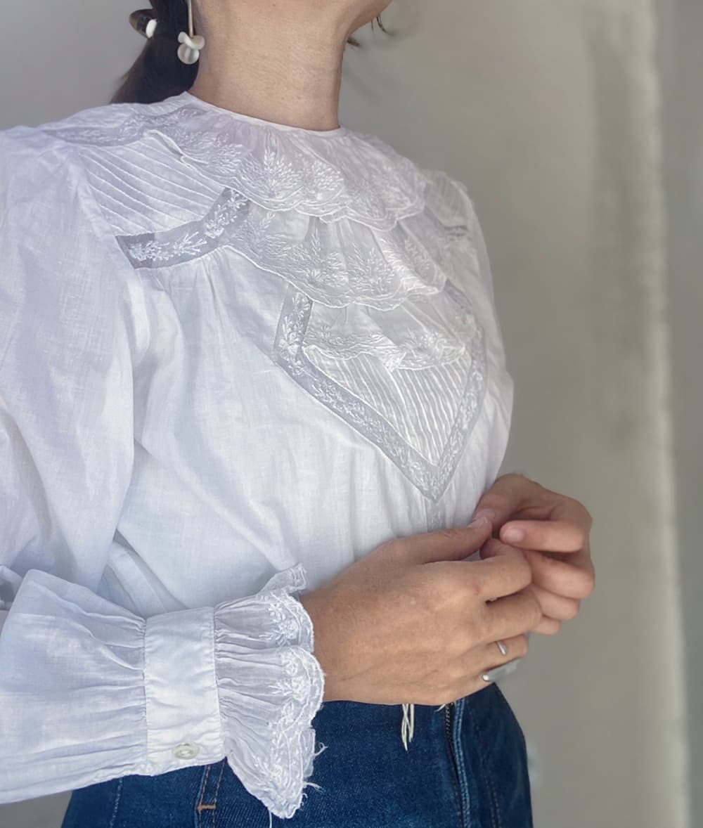 フランスアンティークブラウスフリルレースブラウスFrenchVintageblouse
