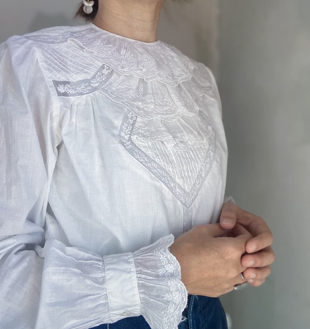 フランスアンティークブラウスフリルレースブラウスFrenchVintageblouse